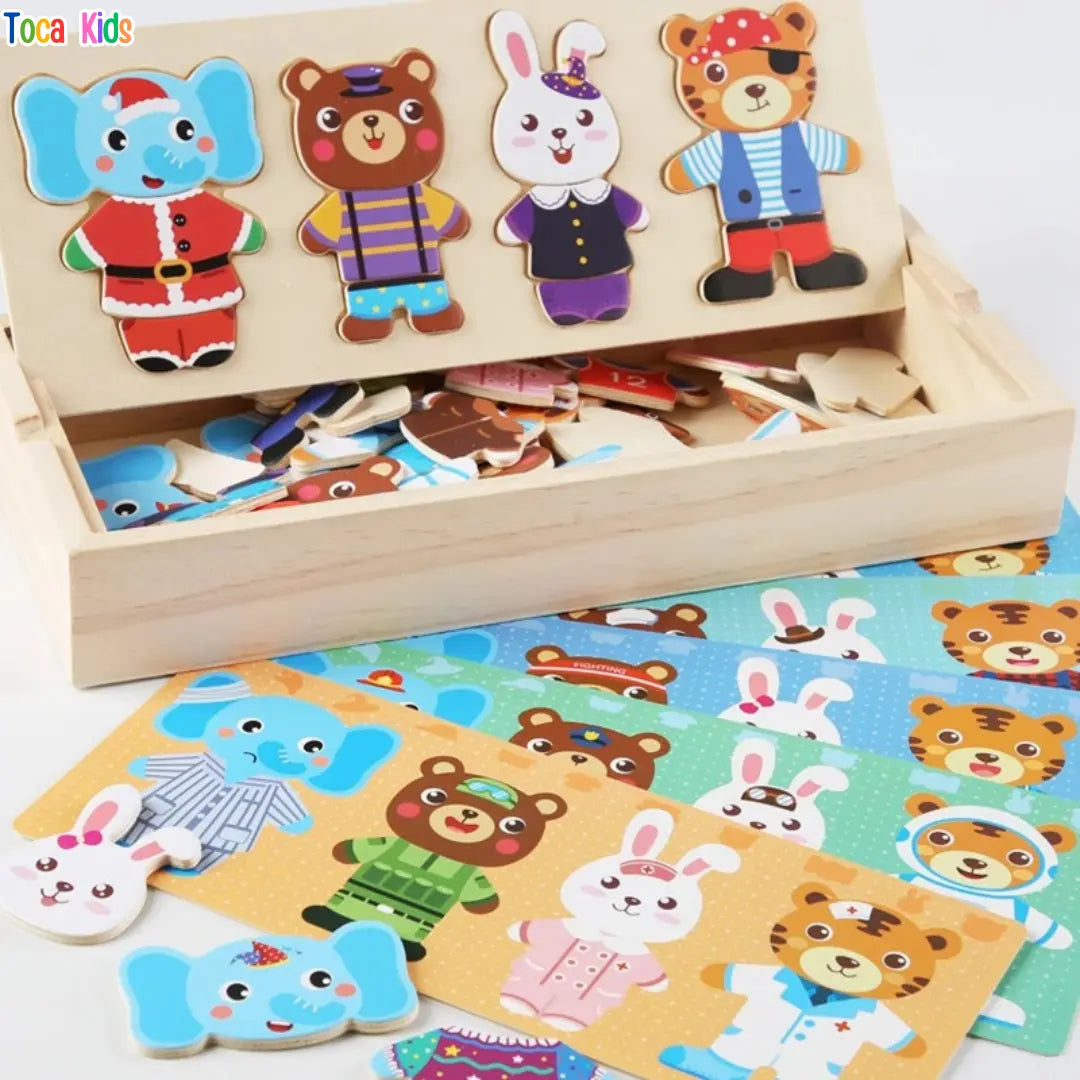 Quebra-Cabeça de Madeira Vestir Animais – Brinquedo Educativo | Toca Kids